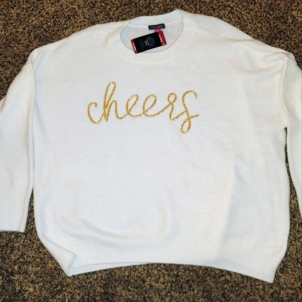 NWT Christmas Sweater Vince Camuto Size XL White with Gold Cheers Embroidery